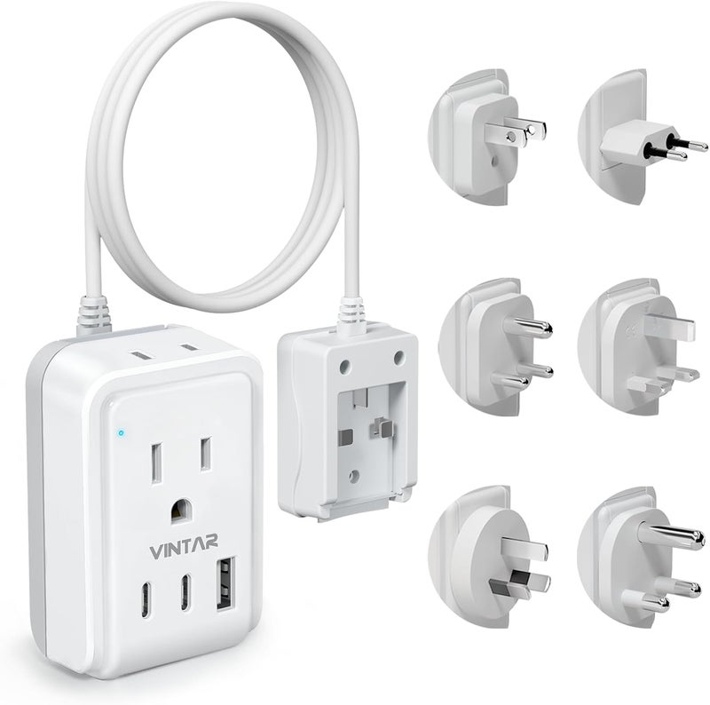 VINTAR Universal Travel Adapter Kit, 3ft Detachable Extension Cord with 2 AC Outlets & 3 USB(2 USB C), Type A/C/G/D/I/M International Power Adaptor for US to Europe UK India South Africa Japan - Image 1
